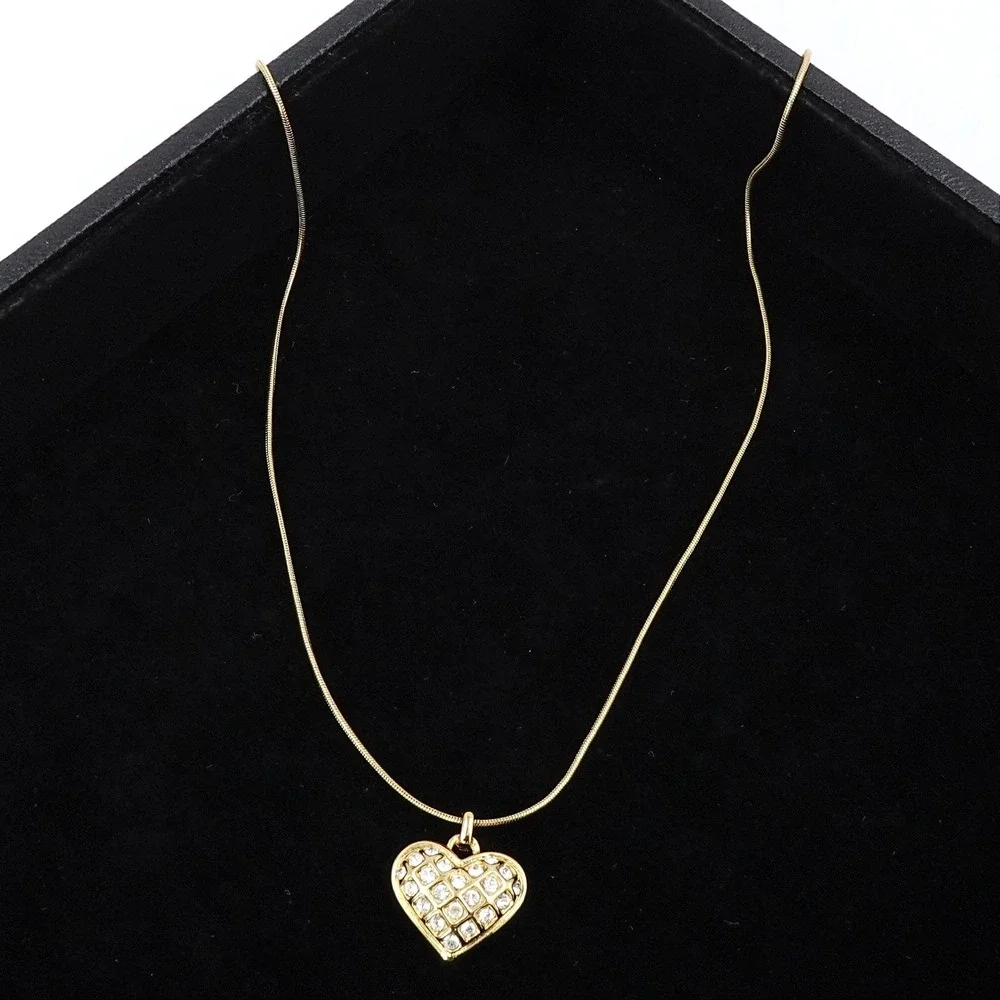 Vintage 90s Monet Rhinestone‎ Quilted Puffy Heart Gold Tone Necklace Snake Chain